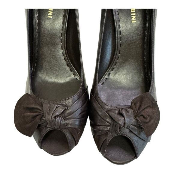 Gianni Bini Brown Leather Peep Toe Heels with Bow Detail - Women's Shoes - Picture 3 of 14